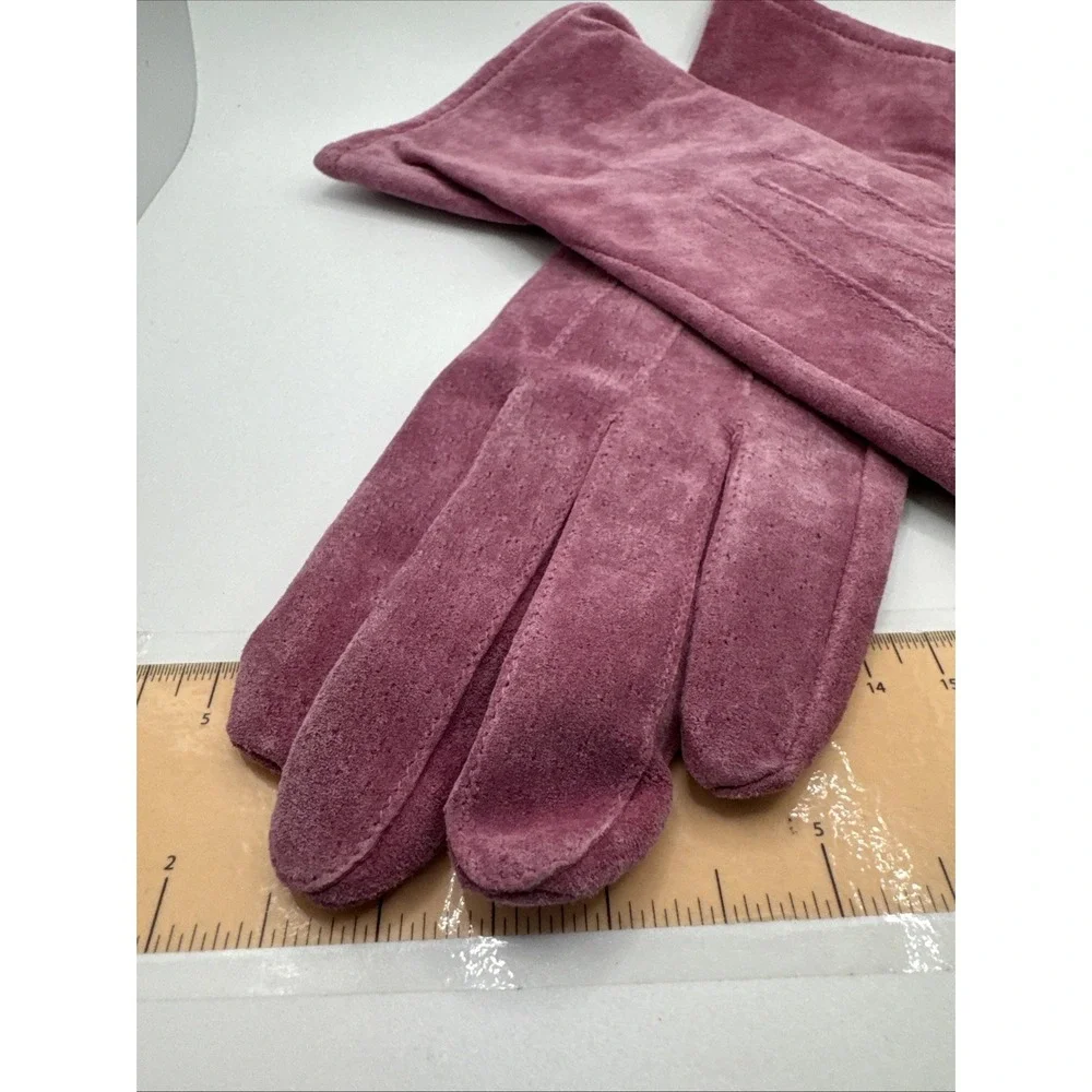 Womens Mauve Suede Mid Length Dress Gloves Elastic Wrist Topstitched Plum